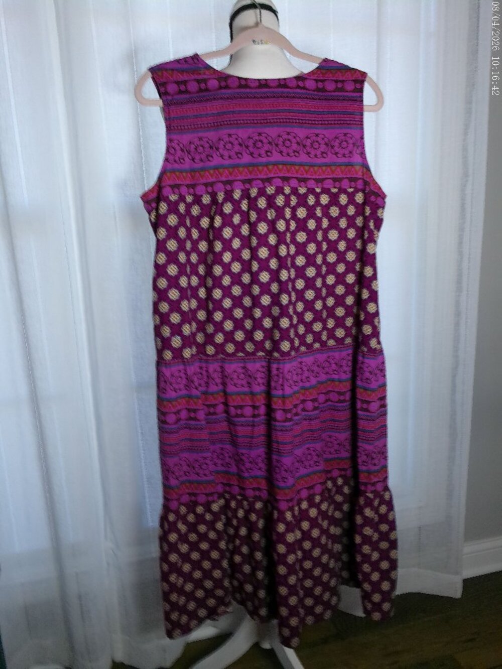 VERMONT COUNTRY STORE Slveless V-Neck Cotton Raspberry Design Blocked Dress L - Picture 3 of 7